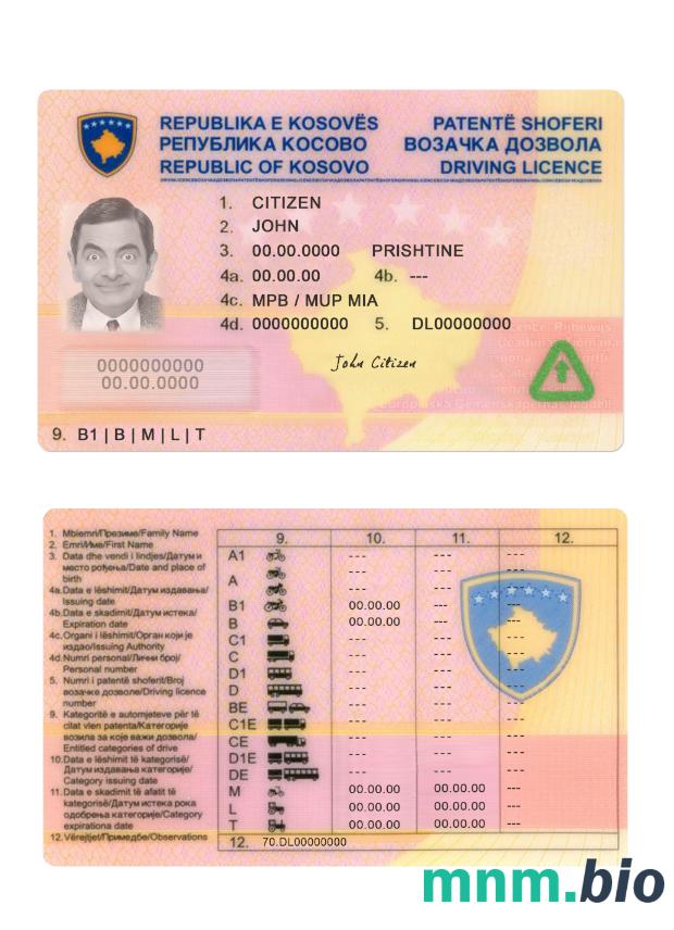 Szablon prawa jazdy w Kosowie w formacie PSD, ze wszystkimi czcionkami